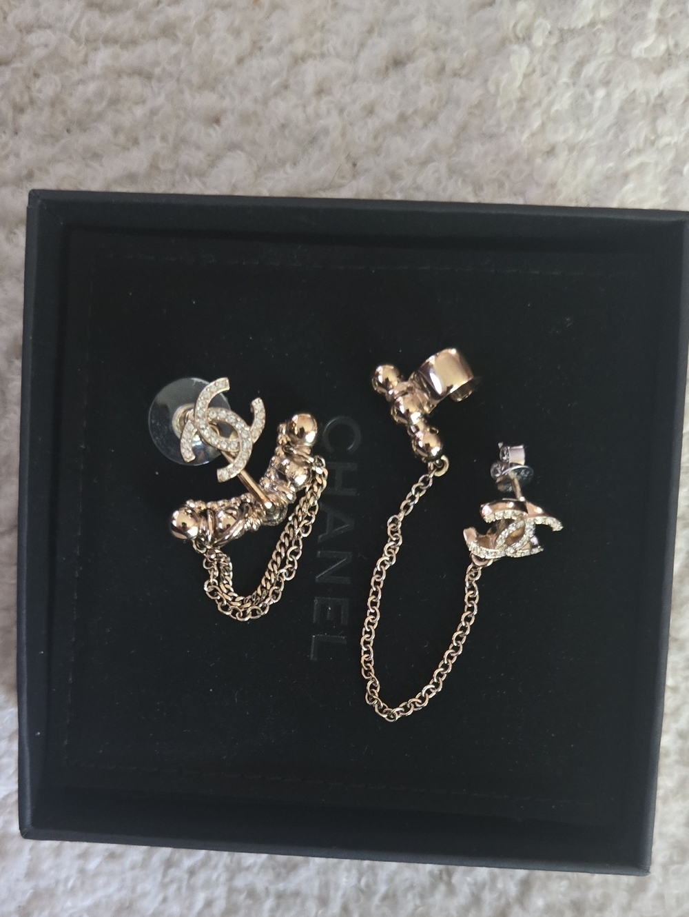 CHANEL Gold-Tone Crystal CC Chain Ear Cuff Pair